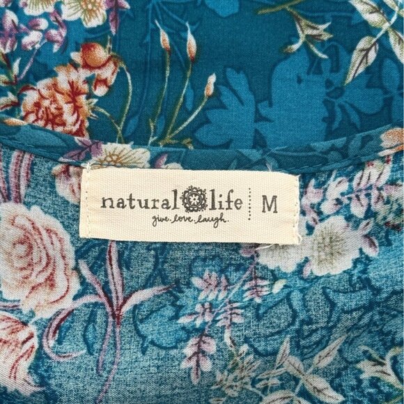 Natural Life Womens V-Neck Blouse Top Short Sleeve Floral Blue Boho Size M - Picture 4 of 7